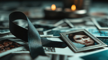 Close-up of a black ribbon resting on a memorial photo frame, surrounded by personal photographs, creating a serene atmosphere of remembrance and lossの素材