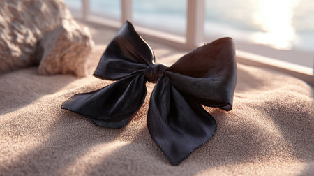 A beautifully crafted black ribbon bow rests on a delicate pastel sand surface, enhanced by soft natural light filtering through a nearby window, evoking elegance and tranquilityの素材