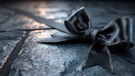 A beautifully crafted black ribbon bow rests on a smooth stone surface, enhanced by gentle side lighting, evoking elegance and charm for various creative projectsの素材