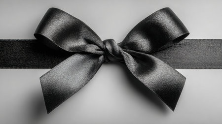 Black ribbon bow elegantly placed at the left margin of a calm pastel gray background, enhancing the tranquil ambiance and providing ample copy space for design purposesの素材