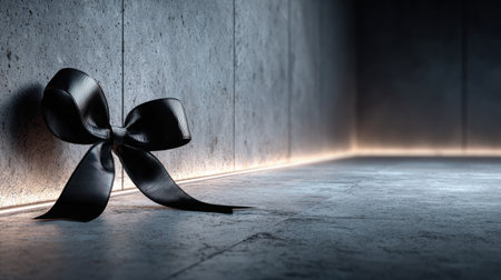 A refined black ribbon bow rests on a sleek stone-toned surface, enhanced by cool soft side lighting, evoking a sense of elegance and simplicityの素材