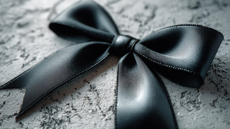 A sophisticated black ribbon bow rests on a subtly textured neutral surface, bathed in gentle morning light, ideal for enhancing gifts or festive decorationsの素材