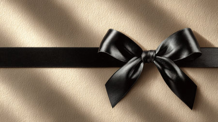A stylish black ribbon bow is elegantly placed on the left side of a warm neutral fabric background, enhancing the scene with soft shadows and inviting texturesの素材