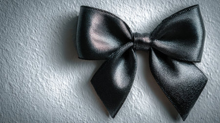 The elegant black ribbon bow is artfully placed on a soft light gray surface, illuminated by airy ambient light, enhancing its luxurious and refined appearanceの素材