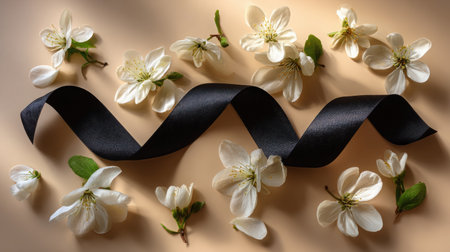 A black ribbon forms an awareness loop, elegantly surrounded by soft white flowers on a pastel background, creating a serene and meaningful atmosphereの素材