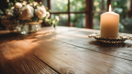 A serene still life featuring a white candle on a rustic wooden table, bathed in warm evening light, with a floral arrangement nearby and ample copy spaceの素材