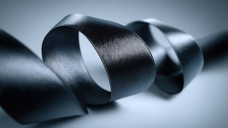 A low-angle studio shot captures a black satin ribbon tied in a beautiful bow, set against a gradient backdrop of light gray and soft blue, evoking feelings of elegance and festivityの素材