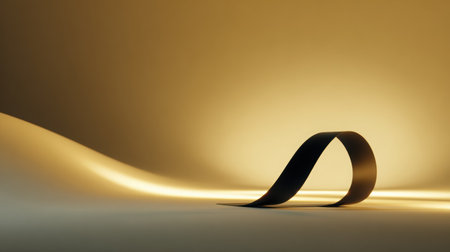 A striking black ribbon loop is artistically placed on a smooth cream background, softly lit from the left, enhancing the minimalist aesthetic and inviting creativityの素材