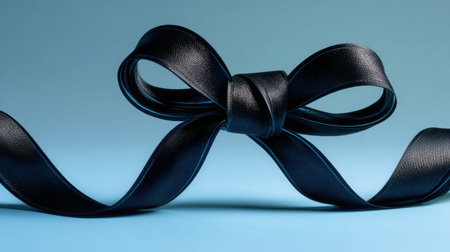 Studio shot of a black ribbon elegantly tied in a bow, presented against a soothing gradient background of light gray to soft blue, creating a festive atmosphereの素材