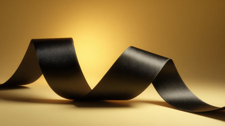 Minimalistic black ribbon loop elegantly displayed on a cream background, softly lit from the left, enhancing the texture and creating a serene atmosphere for creative projectsの素材