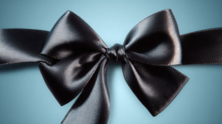 A beautifully crafted black satin ribbon forms a prominent bow, set against a serene blue gradient backdrop, offering a touch of elegance and sophistication for various design usesの素材