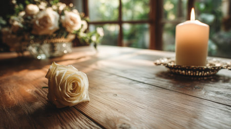 A serene still life featuring a white candle and a delicate rose on a rustic wooden table, bathed in warm evening light, perfect for creating a calming ambianceの素材