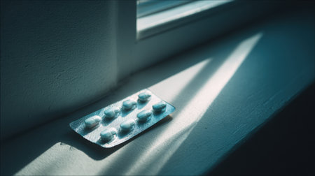 An empty medication blister pack is positioned on a white surface, gently lit by afternoon sunlight, creating soft shadows and a serene atmosphere with copy spaceの素材