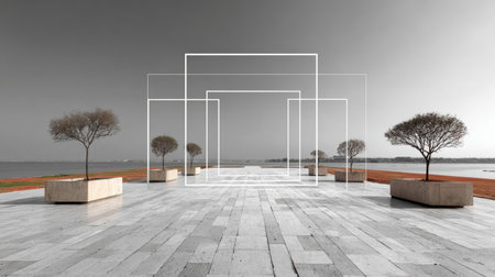 Geometric lines cut through a calm landscape, showcasing minimalist trees and stone planters, enhancing the peaceful ambiance with open space for creative useの素材