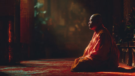 A monk in bright orange robes is seated in meditation, enveloped by gentle golden light, enhancing the peaceful ambiance of the sacred temple environmentの素材
