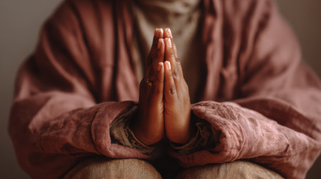 Person practicing quiet meditation with hands in prayer position, surrounded by a soothing neutral background, radiating peace and introspectionの素材