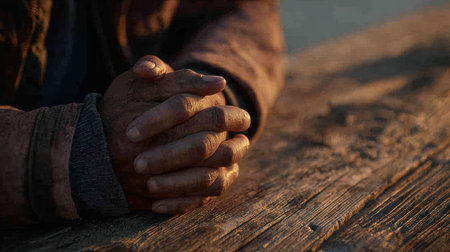 This close-up image captures hands folded in prayer resting on a textured wooden surface, bathed in warm natural light, creating a serene and contemplative atmosphereの素材