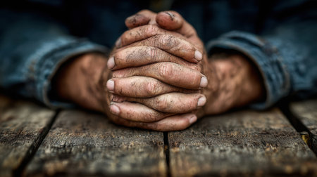 Hands folded in prayer on a weathered wooden table, bathed in soft natural light, creating a serene atmosphere of contemplation and tranquilityの素材