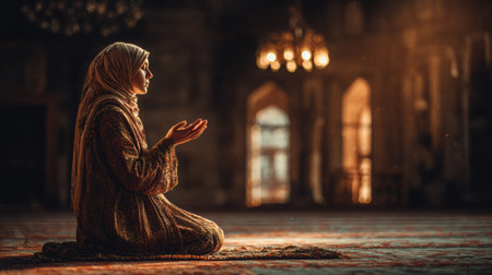 Asian woman kneeling in prayer on a richly patterned mat, surrounded by softly lit mosque interior, creating a tranquil atmosphere of faith and reflectionの素材