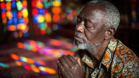 An elderly Black man is kneeling in prayer within a church, illuminated by colorful stained glass windows that create a peaceful and reflective ambianceの素材