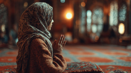 Asian woman sits on a vibrant prayer mat, hands raised in prayer, within a softly illuminated mosque, creating a serene and spiritual atmosphereの素材