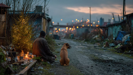 A Hispanic man and his dog are seated beside a small Christmas tree made from recycled items in an urban alley, illuminated by warm candlelight and dusk's cool tonesの素材