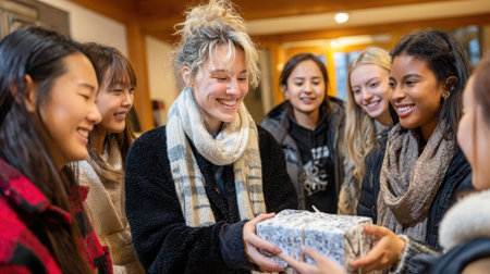Diverse group of women happily assembling holiday care kits indoors, surrounded by a cozy environment and warm lighting, emphasizing collaboration and festive spiritの素材