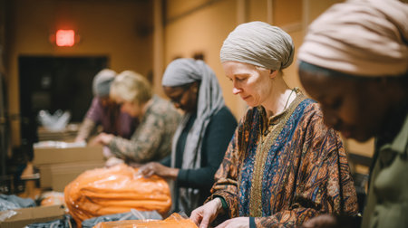 A diverse group of individuals is engaged in packing holiday care kits indoors, surrounded by warm light, emphasizing collaboration and a sense of communityの素材