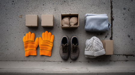 Aerial perspective of winter clothing, gloves, and gift boxes on rough pavement, highlighting a minimalistic arrangement in soft daylight, evoking a sense of warmth and generosityの素材