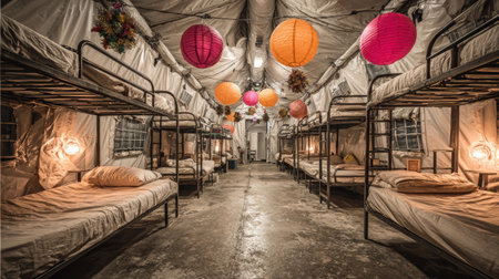 Interior of a temporary winter shelter with bunk beds, warm tungsten lighting, and vibrant holiday ornaments, evoking a peaceful and welcoming ambianceの素材