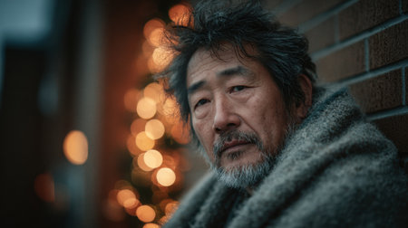 An elderly Asian man, wrapped in a worn blanket, sits near a brick wall with glowing Christmas lights in the background, creating a serene and reflective moodの素材