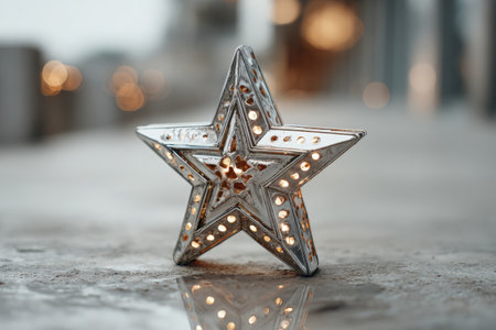 A glossy silver star with reflective edges rests on a smooth surface, beautifully reflecting light and enhancing the festive atmosphere for New Year and Christmas decorationsの素材