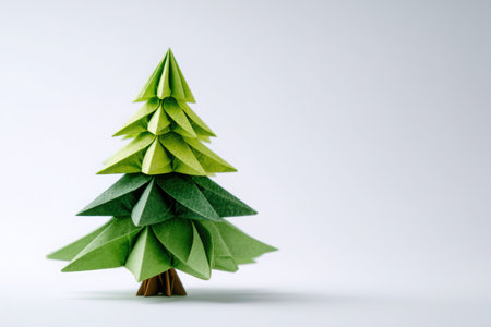 This origami style paper Christmas tree features intricate layers of green, set against a soft gradient background, creating a serene and festive atmosphere with copy spaceの素材