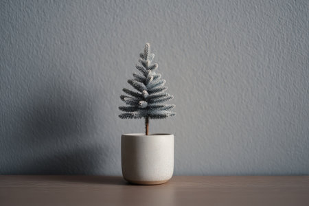 Small artificial Christmas tree in a white pot, set on a wooden table with a textured gray wall behind, creating a serene and minimalist holiday atmosphereの素材