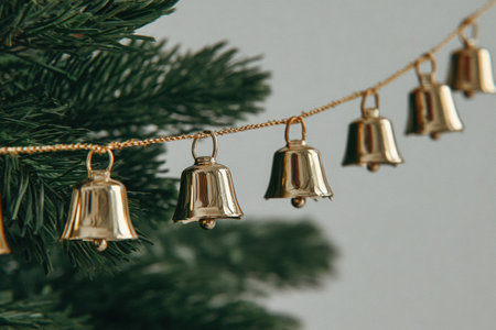 A charming miniature Christmas tree decorated with shiny golden bells and twinkling lights, enhancing the festive spirit for New Year celebrations and holiday gatheringsの素材