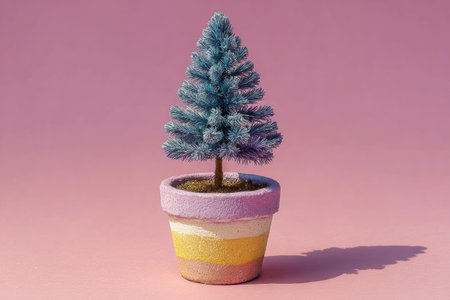 Small Christmas tree in a colorful pot, featuring bright hues and unique textures, ideal for holiday decorations and creating a cheerful ambiance with copy spaceの素材