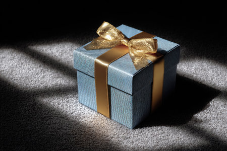 A beautifully wrapped blue gift box with a golden ribbon sits on a soft carpet, illuminated by soft light, creating a warm and inviting holiday atmosphereの素材