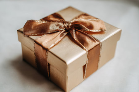 Golden gift box with a satin bow, beautifully presented on a soft surface, capturing the essence of holiday celebrations and the spirit of givingの素材