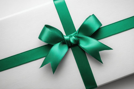 This minimalist image features a rectangular white gift box with a wide green ribbon, perfect for New Year and Christmas gifting, showcasing elegance and simplicityの素材