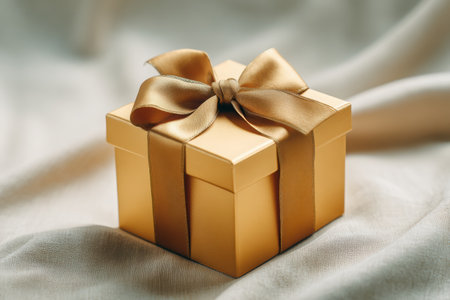 Golden gift box adorned with a satin bow rests on soft fabric, representing the joy of giving during festive celebrations like New Year and Christmas with copy spaceの素材