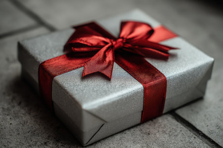 A sturdy cardboard gift box wrapped in shiny silver paper and adorned with a bright red ribbon, ideal for New Year and Christmas gifting, creating a festive atmosphereの素材
