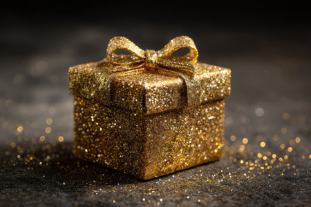 Golden gift box with a glittery finish and elegant ribbon, radiating festive cheer, set against a dark background, perfect for holiday-themed designs with copy spaceの素材