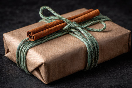 Minimalist flat parcel in kraft paper, tied with green twine and cinnamon sticks, evokes a cozy atmosphere with natural textures and warm colorsの素材