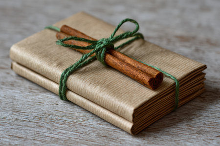 Minimalist flat parcel in kraft paper, tied with green twine and cinnamon sticks, highlighting natural textures and warm tones, ideal for gift presentationの素材