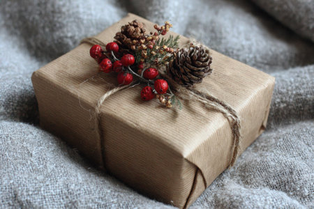 A beautifully wrapped kraft gift featuring twine and natural embellishments, placed on soft fabric, creating a cozy and inviting atmosphere for special occasionsの素材
