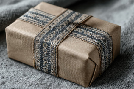 A minimalist kraft wrapped gift with a decorative fabric ribbon, placed on a soft textured surface, showcasing a serene and elegant presentation for special occasionsの素材