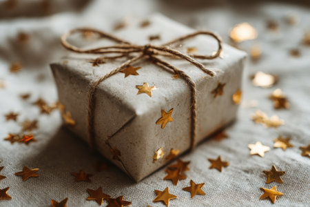 A beautifully wrapped minimalist gift in light kraft paper with golden stars, tied with twine, surrounded by scattered stars, perfect for festive occasions with copy spaceの素材