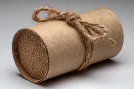 Minimalist cylindrical parcel wrapped in kraft paper and tied with twine, highlighting natural textures and simple design, perfect for eco-conscious packaging ideasの素材