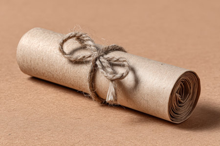 Minimalist cylindrical parcel wrapped in kraft paper and tied with twine, placed on a smooth surface, emphasizing simplicity and natural aesthetics with copy spaceの素材