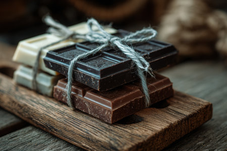 Minimalist flat gift set includes three small chocolate bars elegantly tied with twine on a wooden board, creating a warm and inviting atmosphere for special occasionsの素材